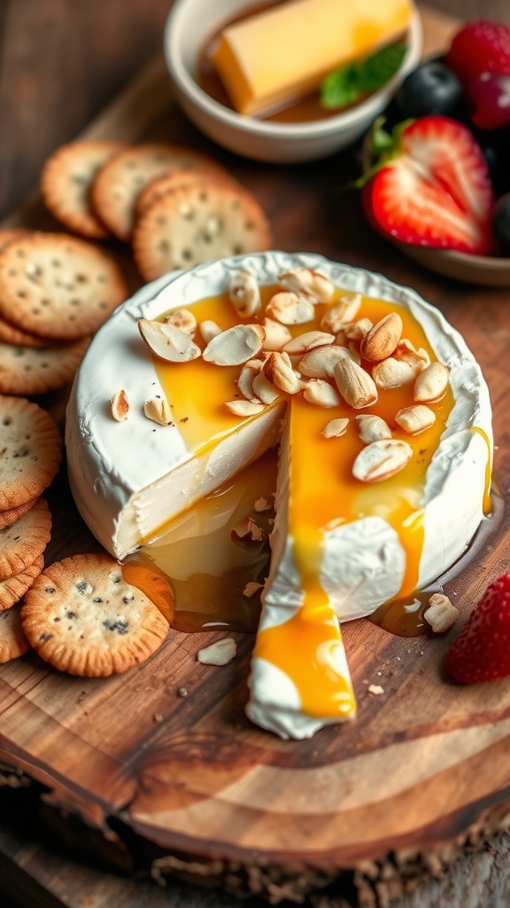 Baked brie with honey and almonds on a wooden board with crackers and fruit.